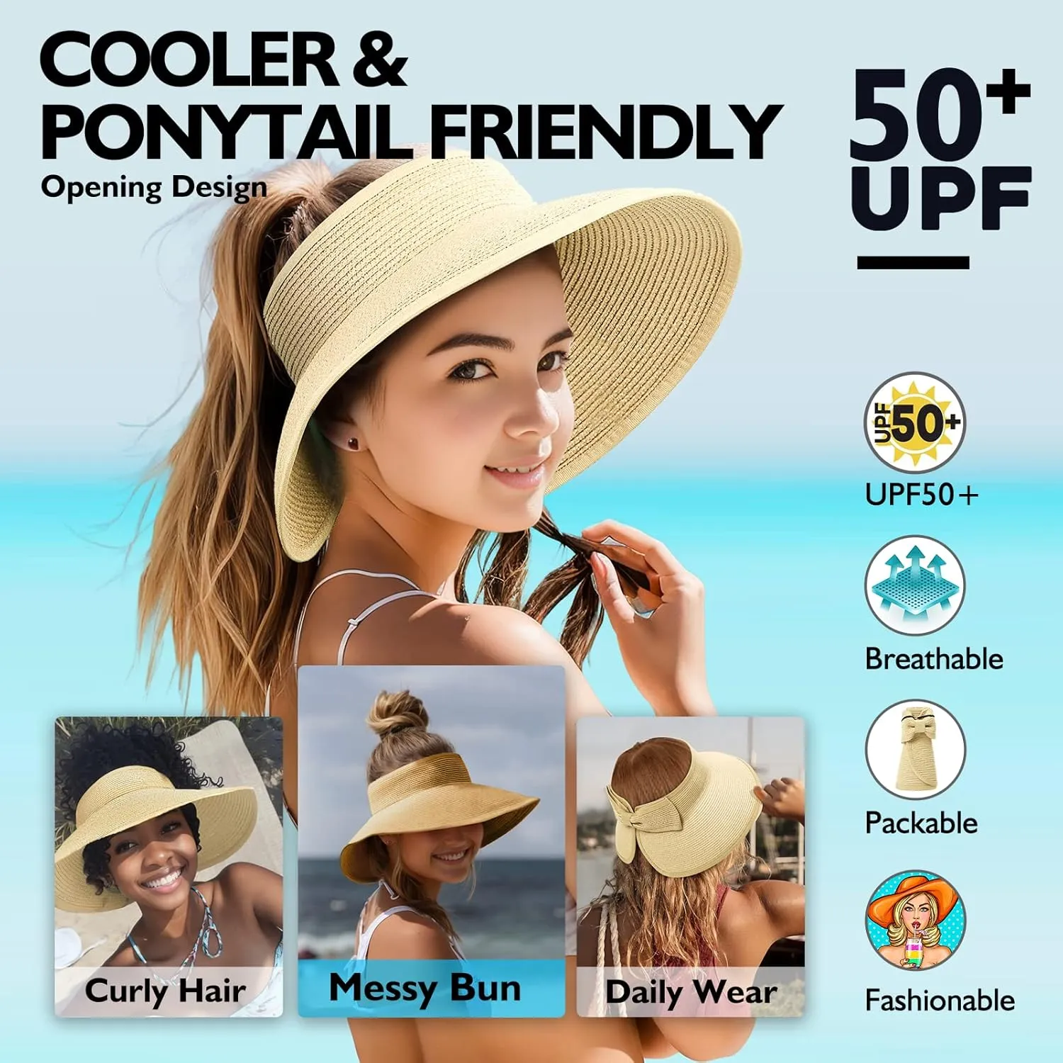 Beach Hats for Women, Packable Sun Hat Womens, Summer Visor Sun Hat, Straw Hats for Women UV Protection, Beach Hat for Girls
