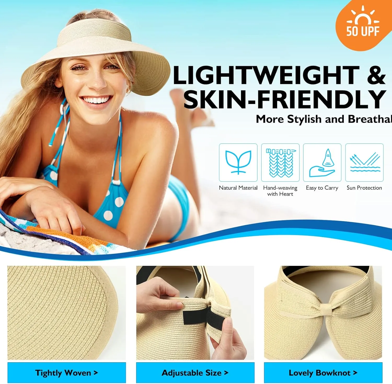 Beach Hats for Women, Packable Sun Hat Womens, Summer Visor Sun Hat, Straw Hats for Women UV Protection, Beach Hat for Girls