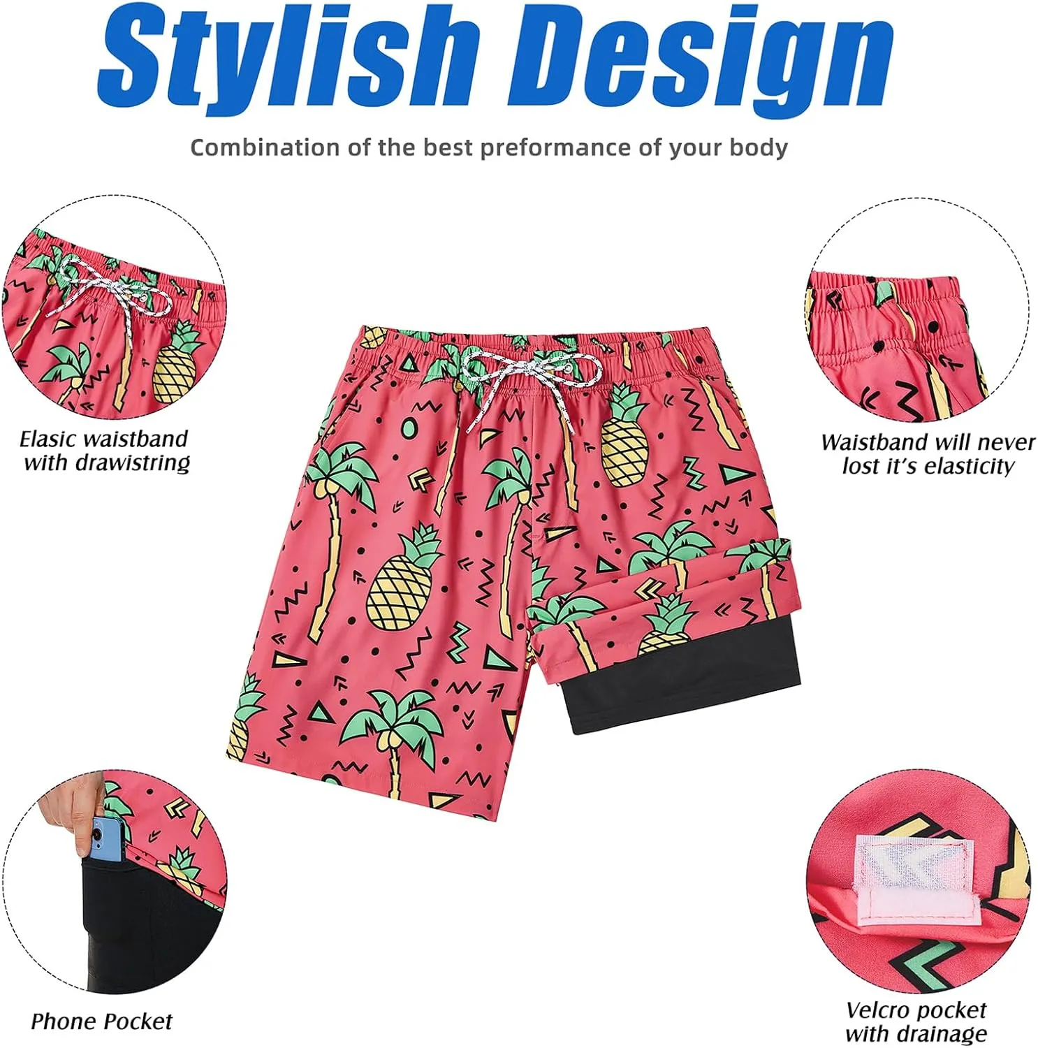 Century Star Mens Swim Trunks with Compression Liner Quick Dry Bathing Suits with Pockets Swim Shorts