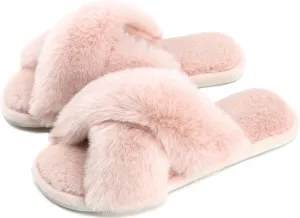 Cozyfurry Womens Cross Band Slippers Cozy Furry Fuzzy House Slippers Open Toe Fluffy Indoor Shoes Outdoor Slip on Warm Breathable Anti-skid Sole
