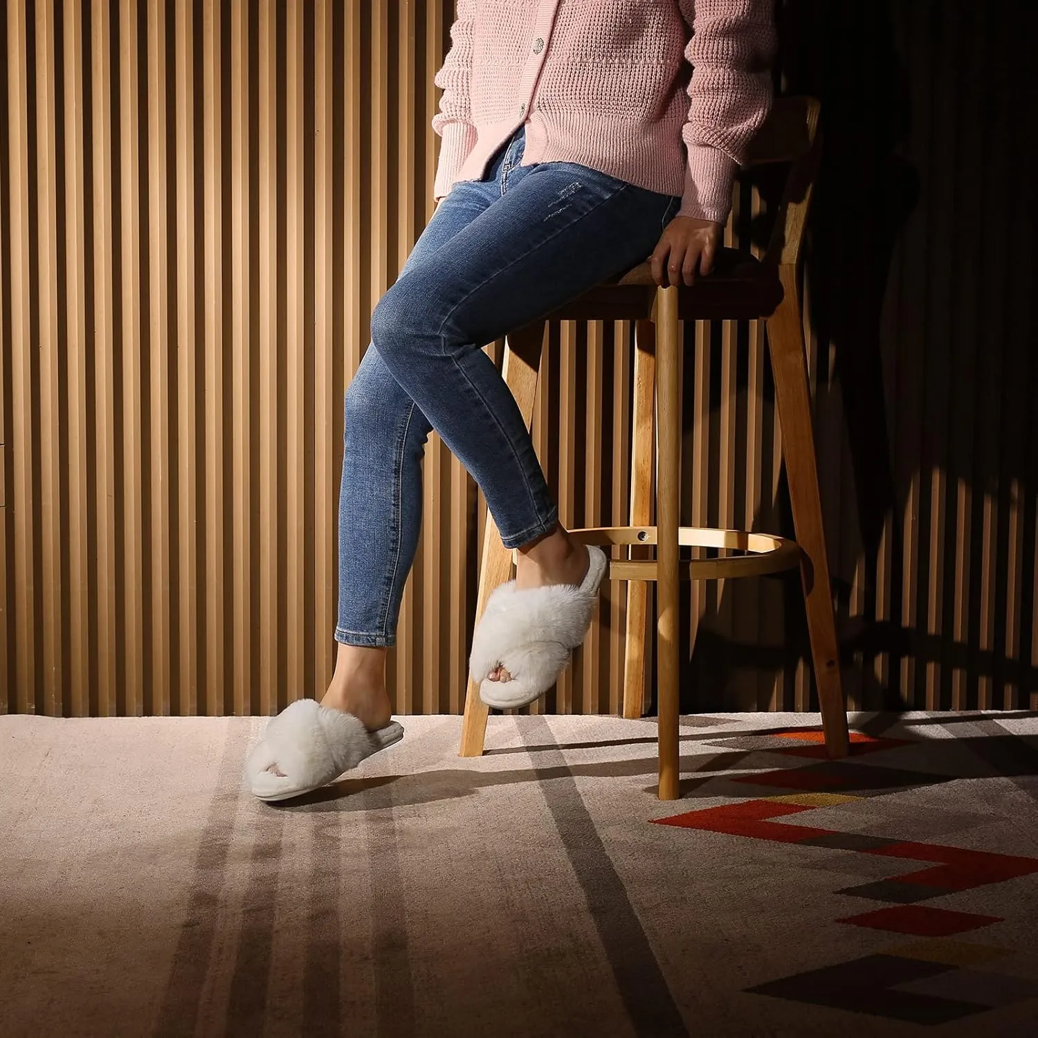 Cozyfurry Womens Cross Band Slippers Cozy Furry Fuzzy House Slippers Open Toe Fluffy Indoor Shoes Outdoor Slip on Warm Breathable Anti-skid Sole