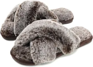 Cozyfurry Womens Cross Band Slippers Cozy Furry Fuzzy House Slippers Open Toe Fluffy Indoor Shoes Outdoor Slip on Warm Breathable Anti-skid Sole