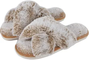 Cozyfurry Womens Cross Band Slippers Cozy Furry Fuzzy House Slippers Open Toe Fluffy Indoor Shoes Outdoor Slip on Warm Breathable Anti-skid Sole