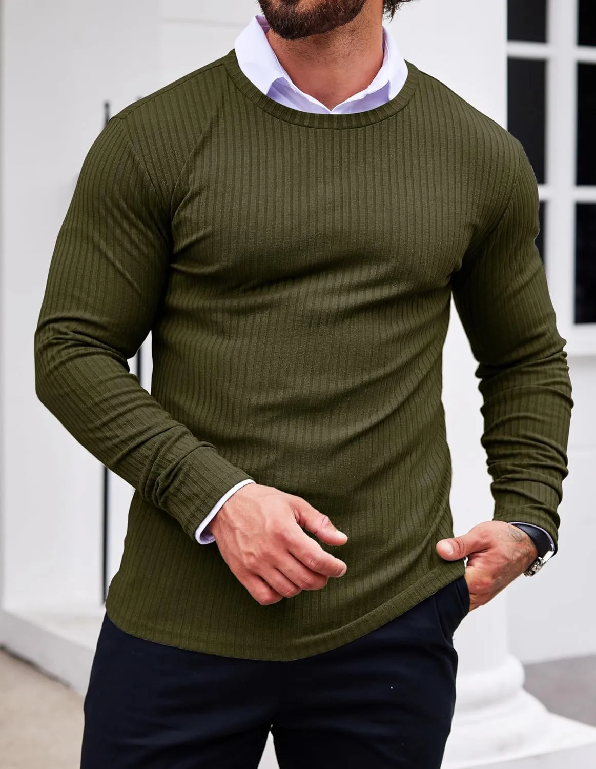 Ekouaer Men's Long Sleeve Shirts Ribbed Pullover Sweater Sim Fit Thermal Tops Crew Neck Stretchy Undershirts S-XXL
