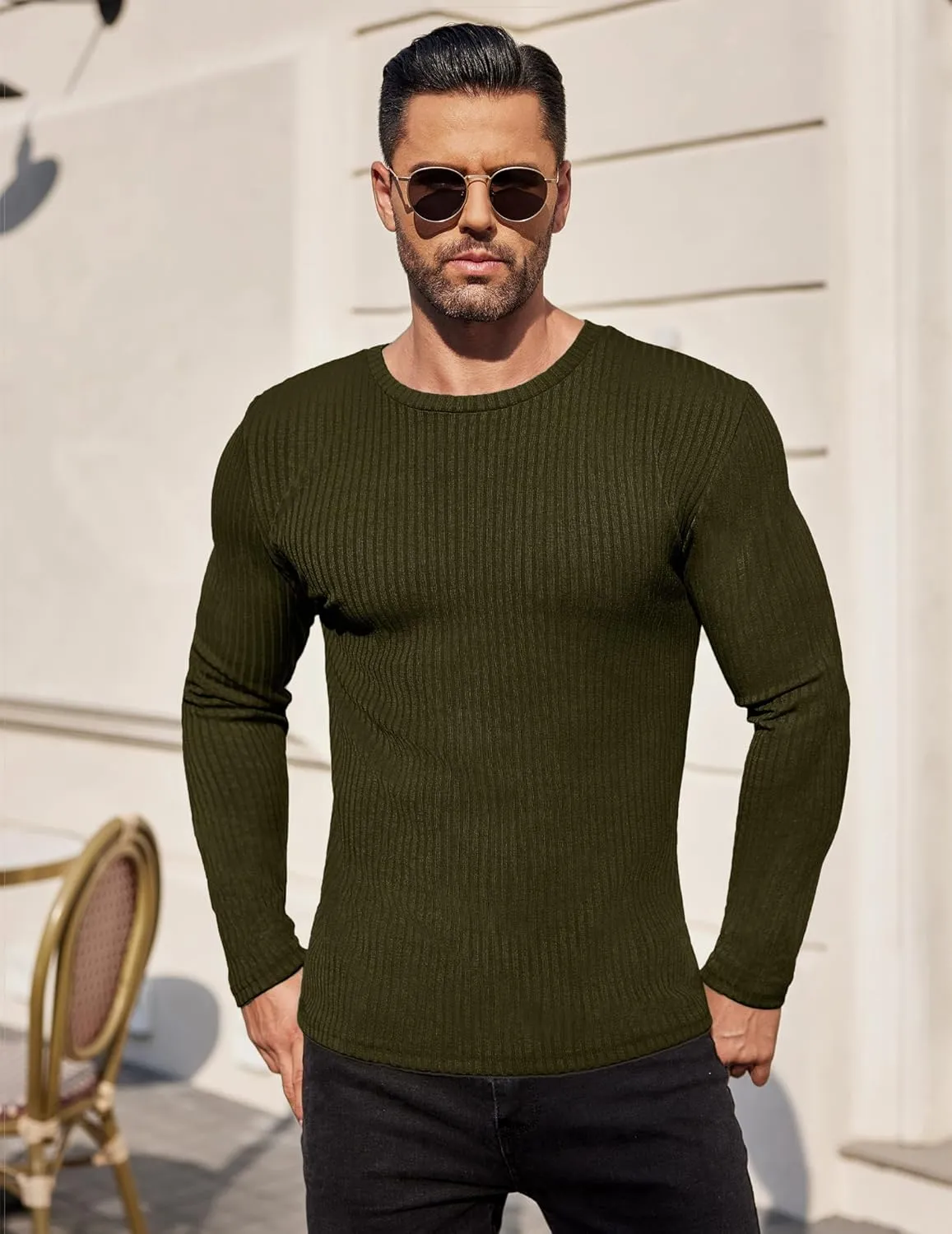 Ekouaer Men's Long Sleeve Shirts Ribbed Pullover Sweater Sim Fit Thermal Tops Crew Neck Stretchy Undershirts S-XXL