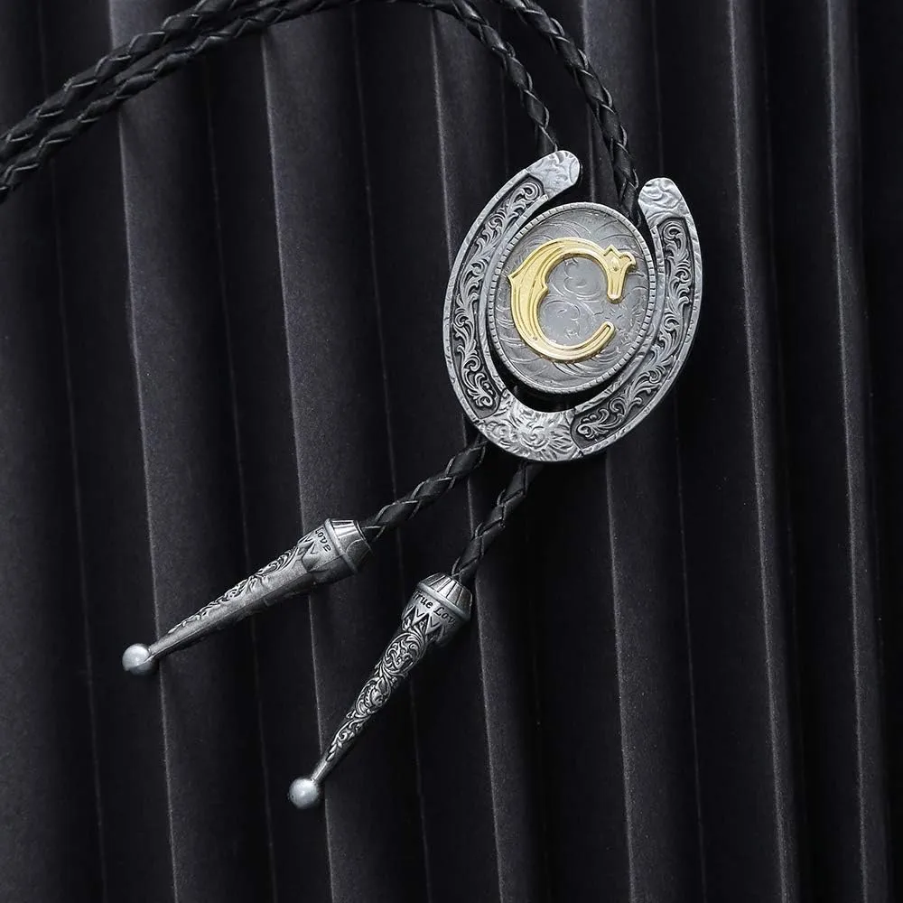 HUABOLA CALYN Vintage Bolo Tie for Men- Initial Letter ABCDMJR to Z Western Cowboy Bolo Tie for Women
