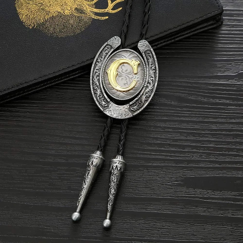 HUABOLA CALYN Vintage Bolo Tie for Men- Initial Letter ABCDMJR to Z Western Cowboy Bolo Tie for Women