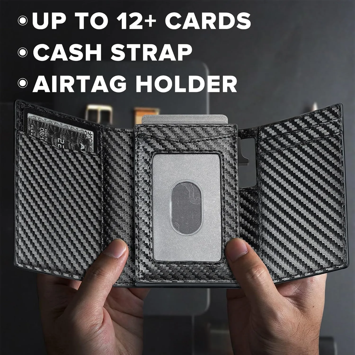 Smart Airtag Wallet for Men Slim: Pop up Card Wallet with Airtag Holder - Apple Air tag Wallet with Cash Strap - RFID Trifold Wallet Men for Gifts
